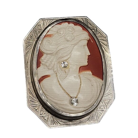 Art Deco Cameo Brooch Etched Tin Frame Celluloid Red & White Lady Rhinestone VTG - Picture 1 of 10